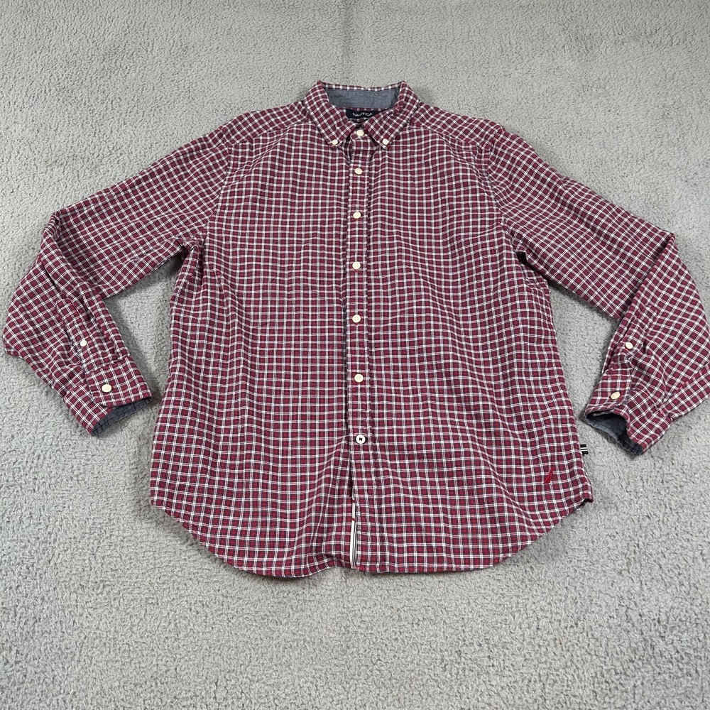 Nautica Shirt Mens Large Red Blue Plaid Button Down Long Sleeve Classic Casual